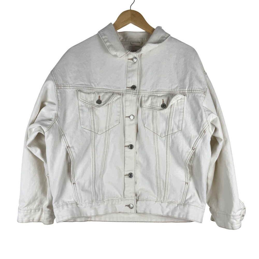 Zara Womens Oversized Denim Jacket Off White Cream Cotton‎ Contrast Stitch S M